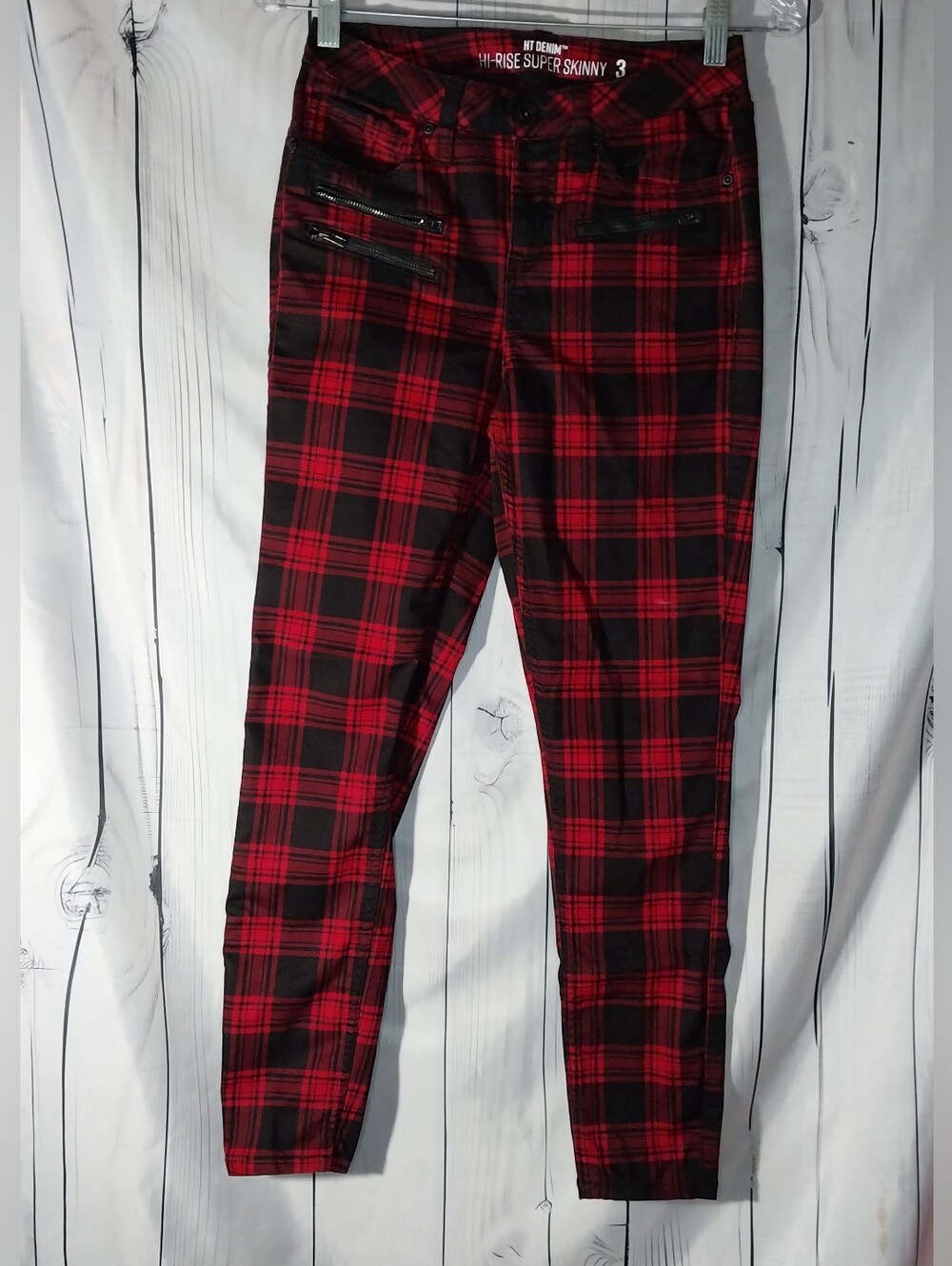Hot Topic Black And Red Plaid Hi-Rise Punk Grunge Emo 90’s Super Skinny Jeans